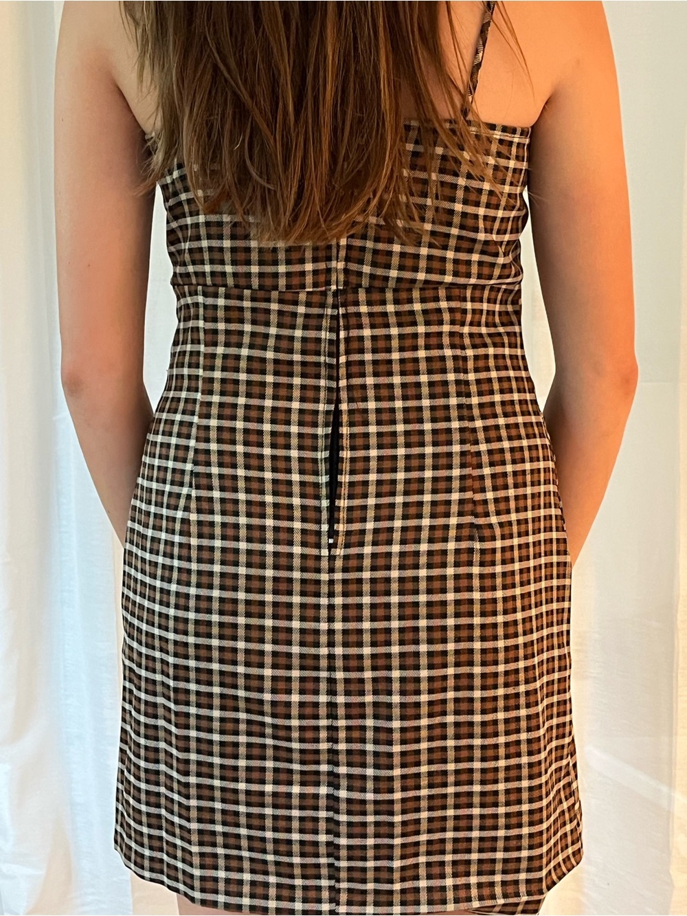 Simons Brown Plaid Mini Slip Dress with Front Slit - Picture 3 of 5